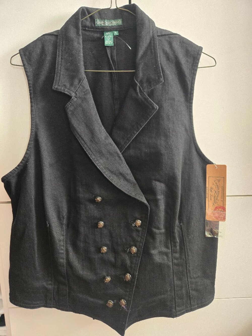 NWT Ralph Lauren Denim Vest - Black Denim/Double Breasted Logo Buttons - Size XL
